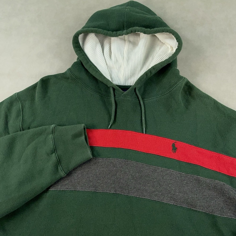 Vintage 90s Polo Ralph Lauren Striped Hoodie Sweatshirt Green Red Mens Size XL